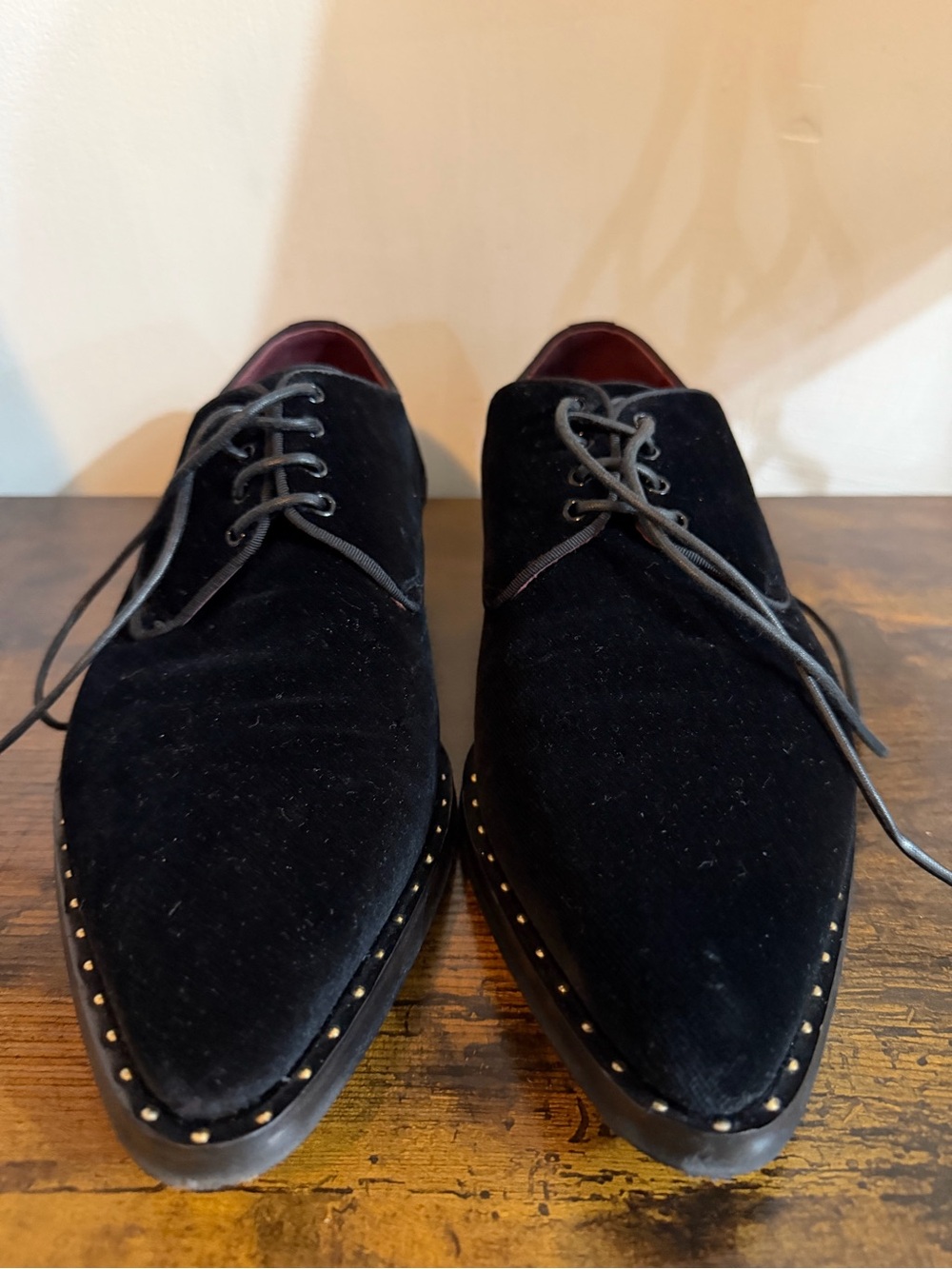 Dolce & Gabbana Black Velvet Lace-Up Oxfords with Gold Stud Trim